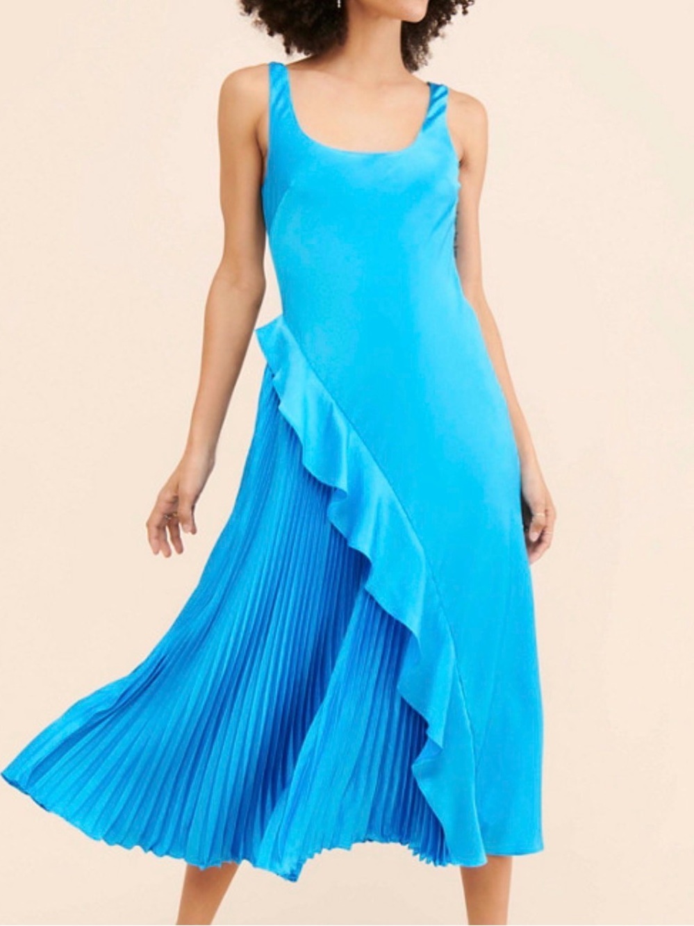 ML Monique Lhullier Liv Satin Pleated Ruffle Mermaidcore Blue Midi Dress 12